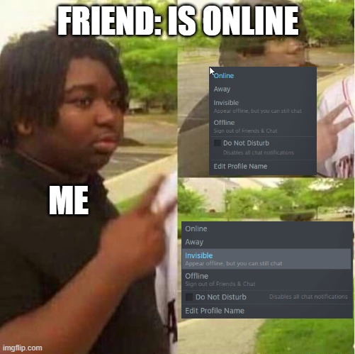 me when friends are online | FRIEND: IS ONLINE; ME | image tagged in disappearing,gaming,black guy disappearing | made w/ Imgflip meme maker