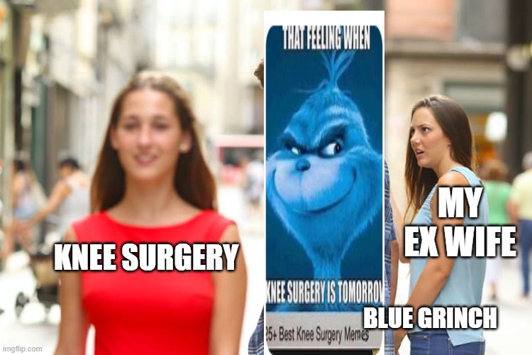 BLUE GRINCH | MY EX WIFE; KNEE SURGERY; BLUE GRINCH | image tagged in memes,distracted boyfriend | made w/ Imgflip meme maker