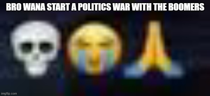 low quality skull and crying and praying emojis | BRO WANA START A POLITICS WAR WITH THE BOOMERS | image tagged in low quality skull and crying and praying emojis | made w/ Imgflip meme maker