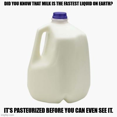 Daily Bad Dad Joke 11/18/2024 | DID YOU KNOW THAT MILK IS THE FASTEST LIQUID ON EARTH? IT'S PASTEURIZED BEFORE YOU CAN EVEN SEE IT. | image tagged in milk | made w/ Imgflip meme maker