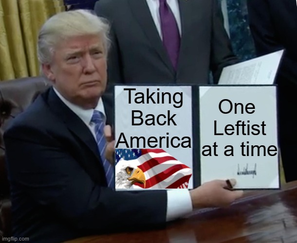 We The People support Donald J. Trump | Taking Back America; One 
Leftist
at a time | image tagged in donald trump,we the people,america,leftists,american flag with eagle,taking back america | made w/ Imgflip meme maker