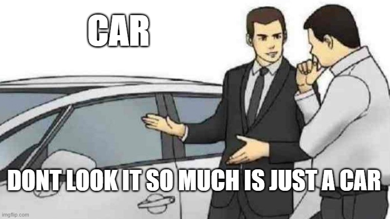 Car Salesman Slaps Roof Of Car | CAR; DONT LOOK IT SO MUCH IS JUST A CAR | image tagged in memes,car salesman slaps roof of car | made w/ Imgflip meme maker