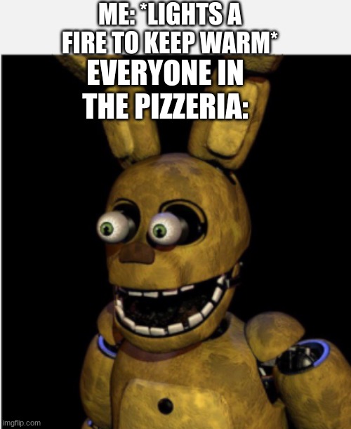 CHILDREN | ME: *LIGHTS A FIRE TO KEEP WARM*; EVERYONE IN THE PIZZERIA: | image tagged in springtrap,fnaf | made w/ Imgflip meme maker