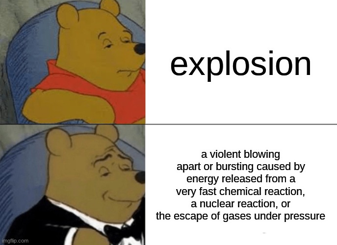 Tuxedo Winnie The Pooh Meme | explosion; a violent blowing apart or bursting caused by energy released from a very fast chemical reaction, a nuclear reaction, or the escape of gases under pressure | image tagged in memes,tuxedo winnie the pooh | made w/ Imgflip meme maker