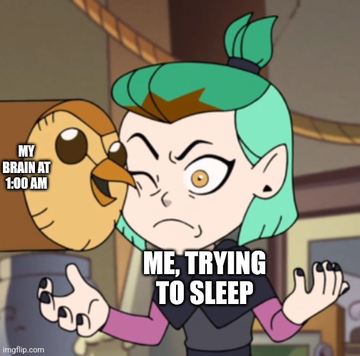 Hooty in Amity's Space(The Owl House) | MY BRAIN AT 1:00 AM; ME, TRYING TO SLEEP | image tagged in hooty in amity's space the owl house | made w/ Imgflip meme maker