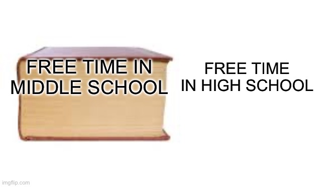 Clever title | FREE TIME IN HIGH SCHOOL; FREE TIME IN MIDDLE SCHOOL | image tagged in big book small book | made w/ Imgflip meme maker