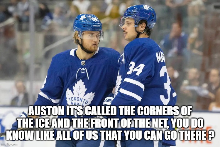 Afraid to get hurt | AUSTON IT'S CALLED THE CORNERS OF THE ICE AND THE FRONT OF THE NET, YOU DO KNOW LIKE ALL OF US THAT YOU CAN GO THERE ? | image tagged in hockey,ice hockey,toronto maple leafs | made w/ Imgflip meme maker