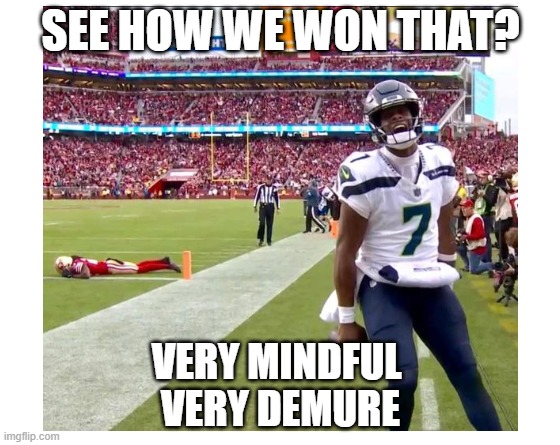 We won! | SEE HOW WE WON THAT? VERY MINDFUL 
VERY DEMURE | image tagged in seattle seahawks | made w/ Imgflip meme maker