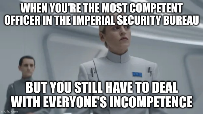 dedra meero | WHEN YOU'RE THE MOST COMPETENT OFFICER IN THE IMPERIAL SECURITY BUREAU; BUT YOU STILL HAVE TO DEAL WITH EVERYONE'S INCOMPETENCE | image tagged in dedra meero | made w/ Imgflip meme maker