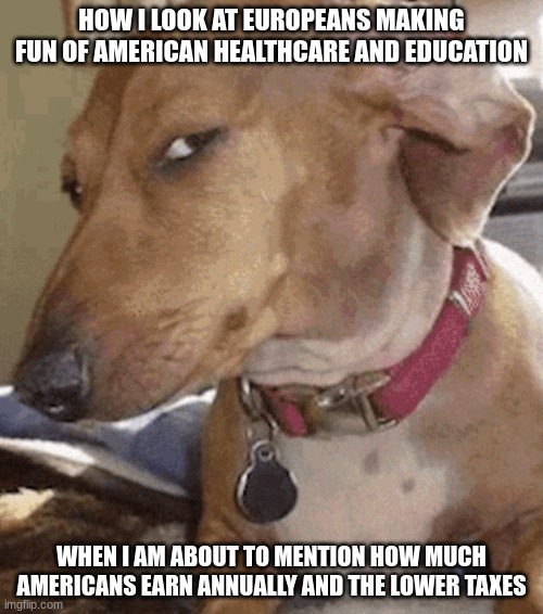 Side eye dog | HOW I LOOK AT EUROPEANS MAKING FUN OF AMERICAN HEALTHCARE AND EDUCATION; WHEN I AM ABOUT TO MENTION HOW MUCH AMERICANS EARN ANNUALLY AND THE LOWER TAXES | image tagged in side eye dog | made w/ Imgflip meme maker