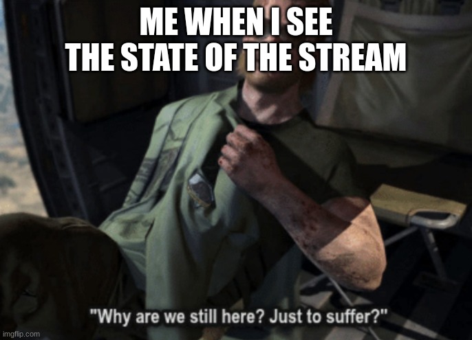 I hope it gets better one day | ME WHEN I SEE THE STATE OF THE STREAM | image tagged in why are we still here just to suffer | made w/ Imgflip meme maker