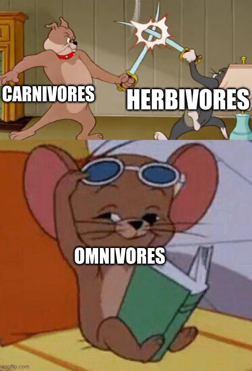 the circle of life | HERBIVORES; CARNIVORES; OMNIVORES | image tagged in tom and jerry swordfight | made w/ Imgflip meme maker