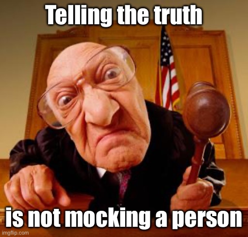 Mean Judge | Telling the truth is not mocking a person | image tagged in mean judge | made w/ Imgflip meme maker