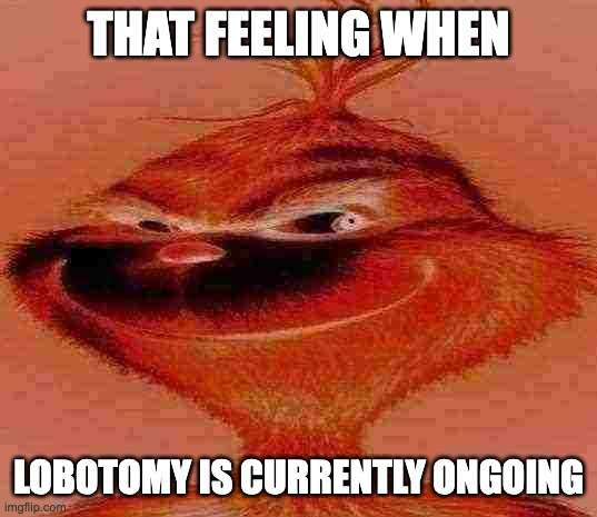 Blue Grinch | THAT FEELING WHEN; LOBOTOMY IS CURRENTLY ONGOING | image tagged in blue grinch | made w/ Imgflip meme maker