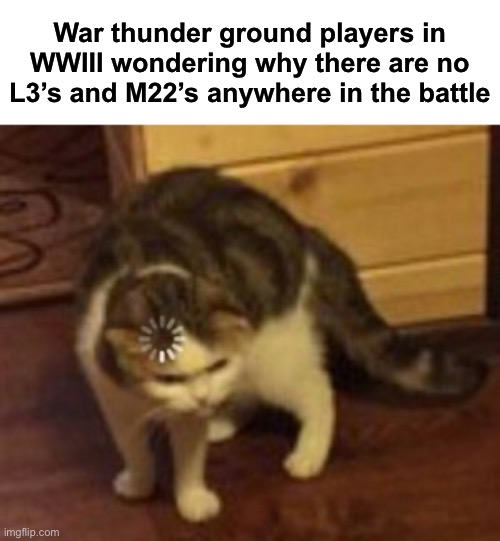 WWIII war thunder slander | War thunder ground players in WWIII wondering why there are no L3’s and M22’s anywhere in the battle | image tagged in loading cat | made w/ Imgflip meme maker