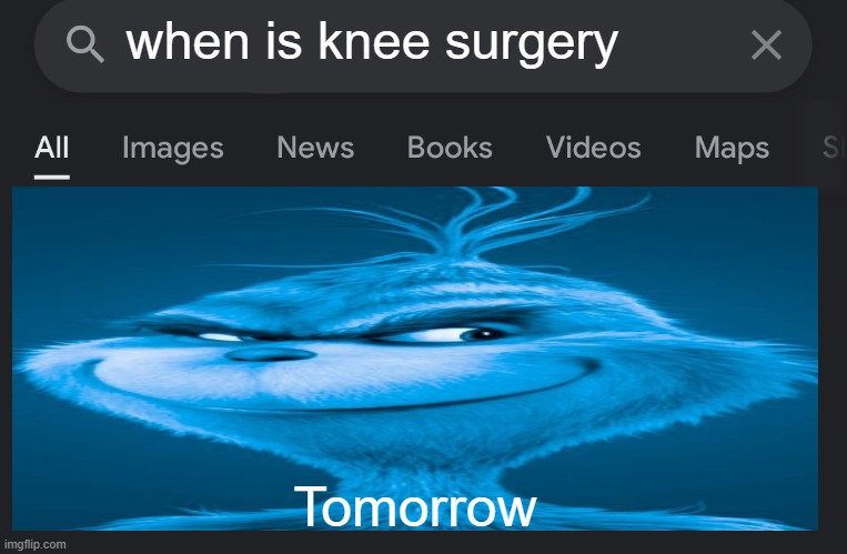 Fake search | when is knee surgery; Tomorrow | image tagged in fake search | made w/ Imgflip meme maker