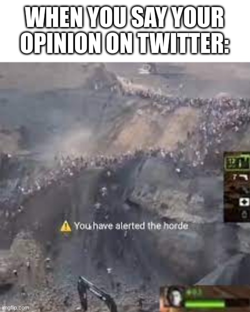 snowflakes | WHEN YOU SAY YOUR OPINION ON TWITTER: | image tagged in you have alerted the horde left for dead,meme | made w/ Imgflip meme maker