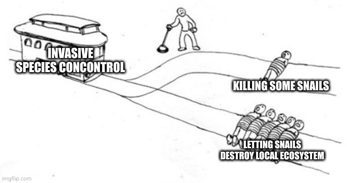 Trolley Problem | INVASIVE SPECIES CONCONTROL; KILLING SOME SNAILS; LETTING SNAILS DESTROY LOCAL ECOSYSTEM | image tagged in trolley problem | made w/ Imgflip meme maker