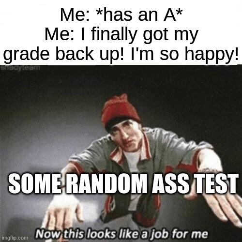 This just happened to me for some reason | Me: *has an A*
Me: I finally got my grade back up! I'm so happy! SOME RANDOM ASS TEST | image tagged in now this looks like a job for me | made w/ Imgflip meme maker