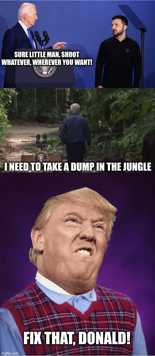 Fix that, Donald! - Level 3 | SURE LITTLE MAN, SHOOT WHATEVER, WHEREVER YOU WANT! I NEED TO TAKE A DUMP IN THE JUNGLE; FIX THAT, DONALD! | image tagged in unlucky ginger kid | made w/ Imgflip meme maker