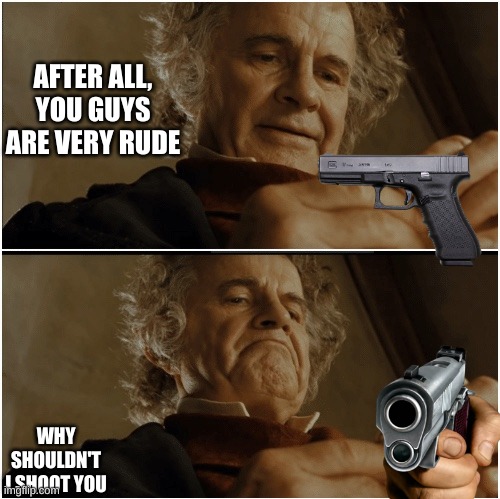 AFTER ALL, YOU GUYS ARE VERY RUDE WHY SHOULDN'T I SHOOT YOU | image tagged in bilbo - why shouldn t i keep it | made w/ Imgflip meme maker