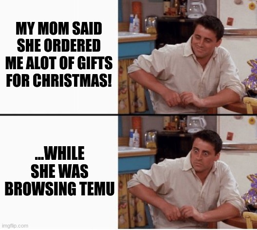 WHY MOM, WHY DO YOU ALWAYS BUY EVERYTHING FROM TEMU?! SHE DOESNT EVEN BELIEVE THAT THE NEWS SAID THAT ITS ITEMS MIGHT CONTAIN PO | MY MOM SAID SHE ORDERED ME ALOT OF GIFTS FOR CHRISTMAS! ...WHILE SHE WAS BROWSING TEMU | image tagged in joey shocked,do not buy from temu,moms,why,christmas,oh wow are you actually reading these tags | made w/ Imgflip meme maker