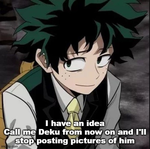 I have an idea
Call me Deku from now on and I'll stop posting pictures of him | image tagged in smug deku | made w/ Imgflip meme maker