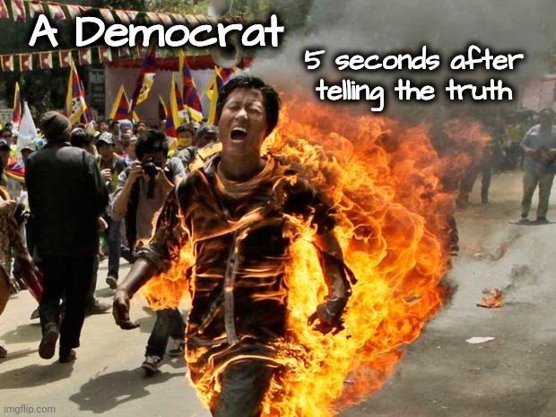 on fire | A Democrat 5 seconds after telling the truth | image tagged in on fire | made w/ Imgflip meme maker