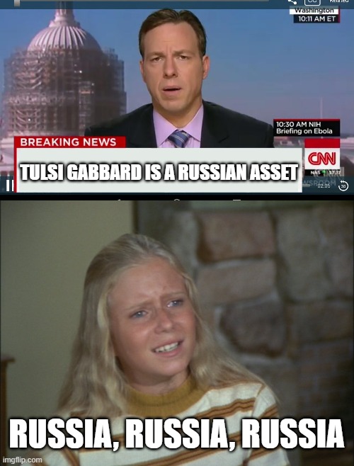 Russia, Russia, Russia. I think I've heard this one before. | TULSI GABBARD IS A RUSSIAN ASSET; RUSSIA, RUSSIA, RUSSIA | image tagged in cnn breaking news template,marcia marcia marcia | made w/ Imgflip meme maker