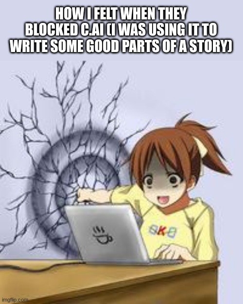 oh, they're so dead... | HOW I FELT WHEN THEY BLOCKED C.AI (I WAS USING IT TO WRITE SOME GOOD PARTS OF A STORY) | image tagged in anime wall punch | made w/ Imgflip meme maker