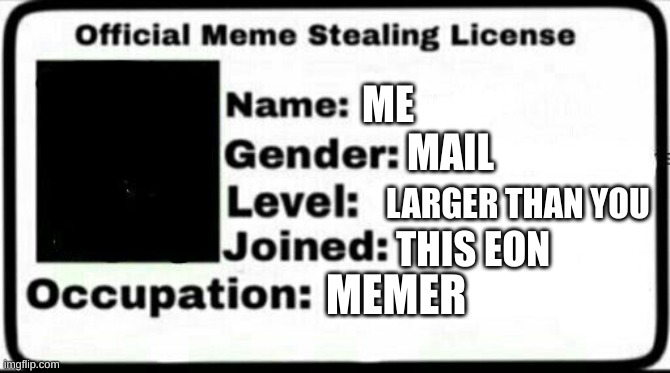 Meme Stealing License | ME MAIL LARGER THAN YOU THIS EON MEMER | image tagged in meme stealing license | made w/ Imgflip meme maker