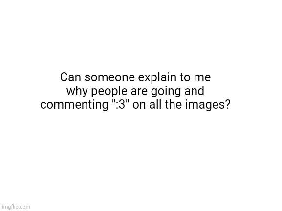 Tf is happening | Can someone explain to me why people are going and commenting ":3" on all the images? | image tagged in blank white template | made w/ Imgflip meme maker