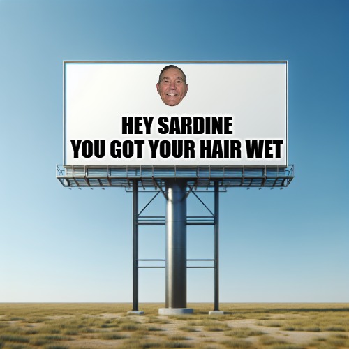 sign | HEY SARDINE YOU GOT YOUR HAIR WET | image tagged in sign | made w/ Imgflip meme maker