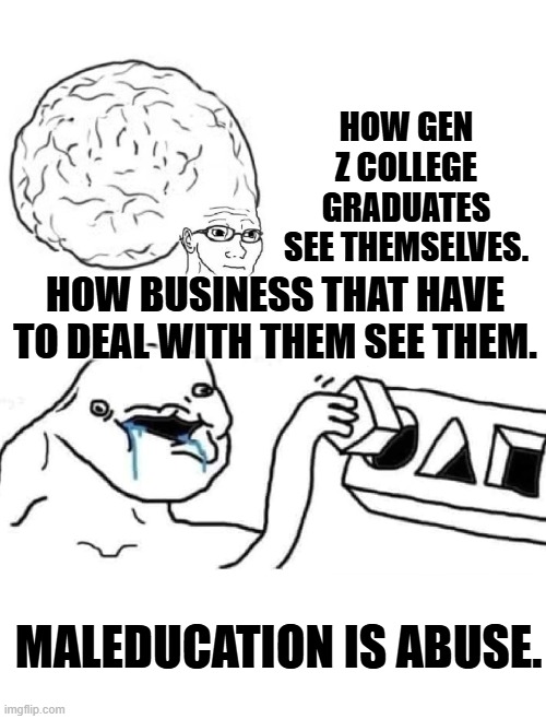 Stop the abuse of our future. | HOW GEN Z COLLEGE GRADUATES SEE THEMSELVES. HOW BUSINESS THAT HAVE TO DEAL WITH THEM SEE THEM. MALEDUCATION IS ABUSE. | image tagged in big brain vs stupid drooling puzzle | made w/ Imgflip meme maker