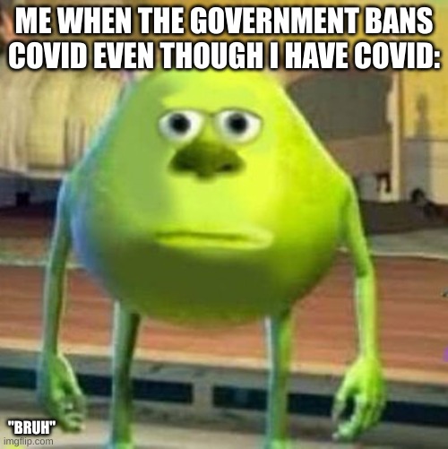 Covid | ME WHEN THE GOVERNMENT BANS COVID EVEN THOUGH I HAVE COVID:; "BRUH" | image tagged in mike sully face swap,covid,no way,bruh,but why why would you do that,government shutdown | made w/ Imgflip meme maker