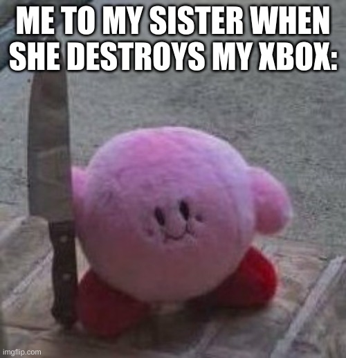 Xbox = destroyed by sister = instant death = uh oh = but why tho = bruh | ME TO MY SISTER WHEN SHE DESTROYS MY XBOX: | image tagged in creepy kirby,bruh,xbox,sisters,uh oh,instant death | made w/ Imgflip meme maker