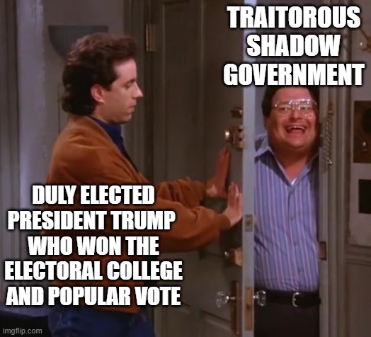 Can't Get 'em Out Fast Enough | TRAITOROUS SHADOW GOVERNMENT; DULY ELECTED PRESIDENT TRUMP 
WHO WON THE ELECTORAL COLLEGE AND POPULAR VOTE | image tagged in seinfeld and newman | made w/ Imgflip meme maker