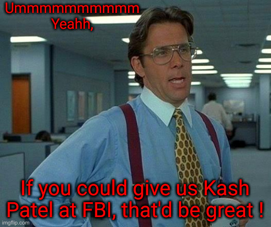 THE Kash Patel | Ummmmmmmmmm
Yeahh, If you could give us Kash Patel at FBI, that'd be great ! | image tagged in memes,that would be great,political meme,politics,funny,funny memes | made w/ Imgflip meme maker