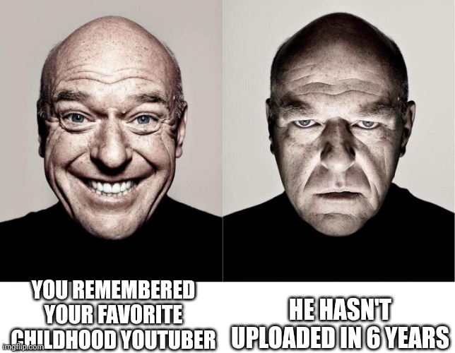 Noooo | YOU REMEMBERED YOUR FAVORITE CHILDHOOD YOUTUBER; HE HASN'T UPLOADED IN 6 YEARS | image tagged in breaking bad smile frown | made w/ Imgflip meme maker