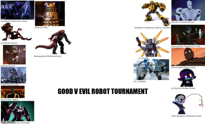 Making a tournament of robots throughout TV and movies (I made the image size too big, so I'll list names in the comments) | GOOD V EVIL ROBOT TOURNAMENT | made w/ Imgflip meme maker