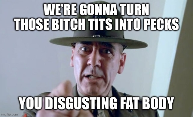 R. Lee Ermy  | WE’RE GONNA TURN THOSE BITCH TITS INTO PECKS YOU DISGUSTING FAT BODY | image tagged in r lee ermy | made w/ Imgflip meme maker