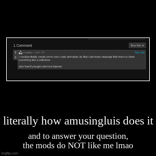 and they definitely won't after my video | literally how amusingluis does it | and to answer your question, the mods do NOT like me lmao | image tagged in funny,demotivationals | made w/ Imgflip demotivational maker