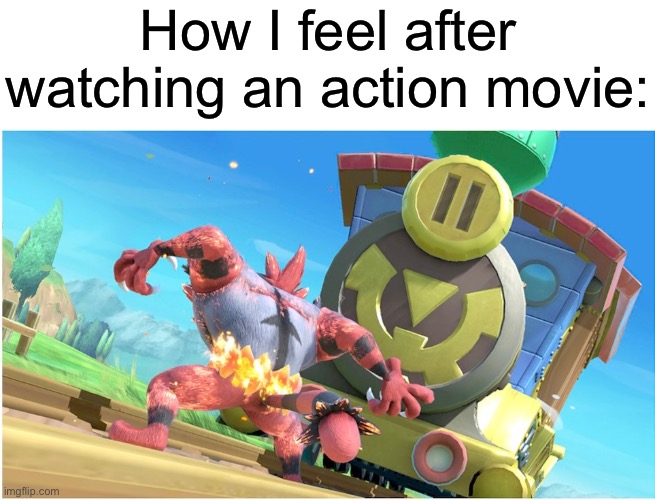 Hello! I HAVE RETURNED | How I feel after watching an action movie: | image tagged in super smash bros,action movies | made w/ Imgflip meme maker