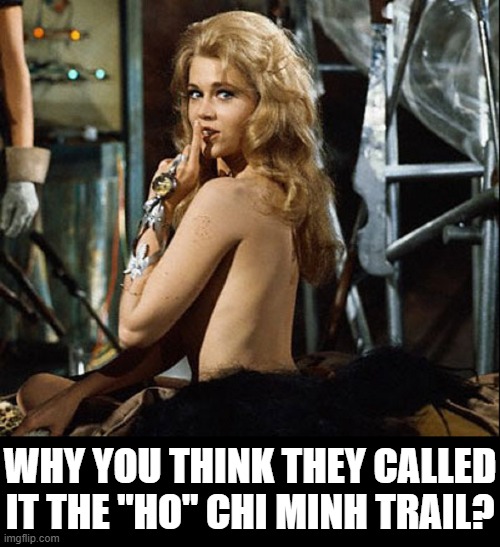 Exactly what comfort did Hanoi Jane give the enemy? | WHY YOU THINK THEY CALLED IT THE "HO" CHI MINH TRAIL? | image tagged in vince vance,barbarella,jane fonda,memes,vietnam,traitor | made w/ Imgflip meme maker