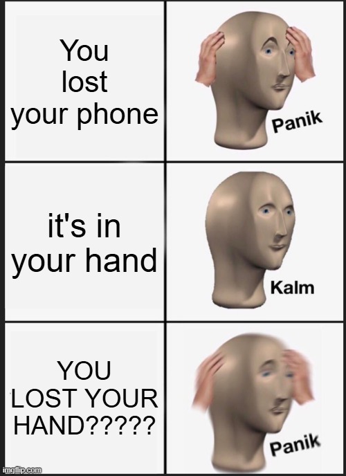 Panik Kalm Panik Meme | You lost your phone; it's in your hand; YOU LOST YOUR HAND????? | image tagged in memes,panik kalm panik | made w/ Imgflip meme maker