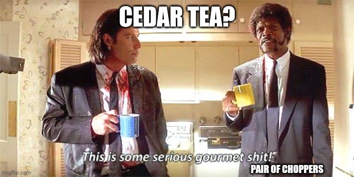 This is some serious gourmet shit | CEDAR TEA? PAIR OF CHOPPERS | image tagged in this is some serious gourmet shit | made w/ Imgflip meme maker