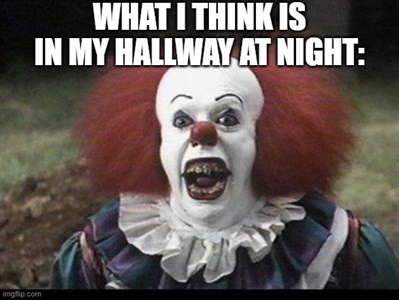 (audible gulp) | WHAT I THINK IS IN MY HALLWAY AT NIGHT: | image tagged in scary clown,funny,fun,funnymeme,funnymemes,goofy | made w/ Imgflip meme maker