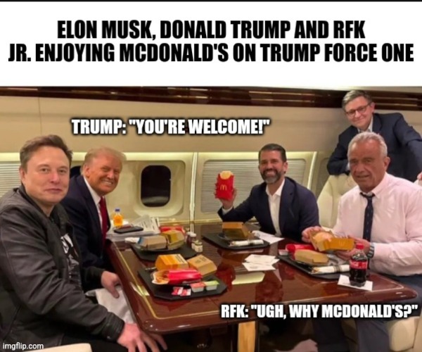 They're Enjoying McDonald's! | image tagged in memes,donald trump,elon musk,rfk jr,donald trump approves,mcdonalds | made w/ Imgflip meme maker