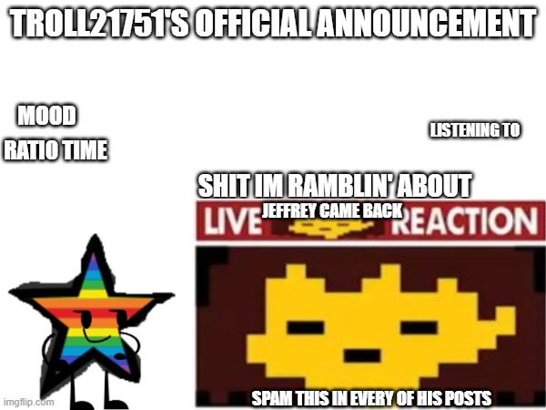 RATIO TIME | RATIO TIME; JEFFREY CAME BACK; SPAM THIS IN EVERY OF HIS POSTS | image tagged in troll21751's official announcement | made w/ Imgflip meme maker