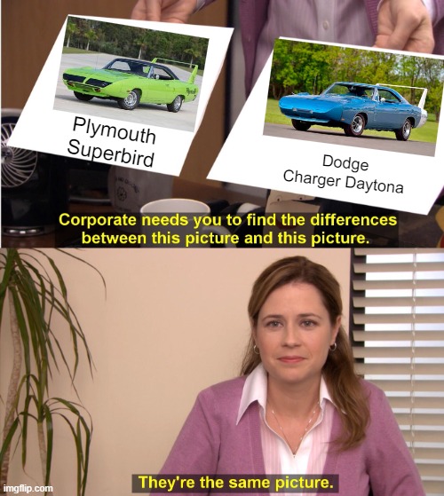 They literally look like the same damn car | Plymouth Superbird; Dodge Charger Daytona | image tagged in memes,they're the same picture | made w/ Imgflip meme maker